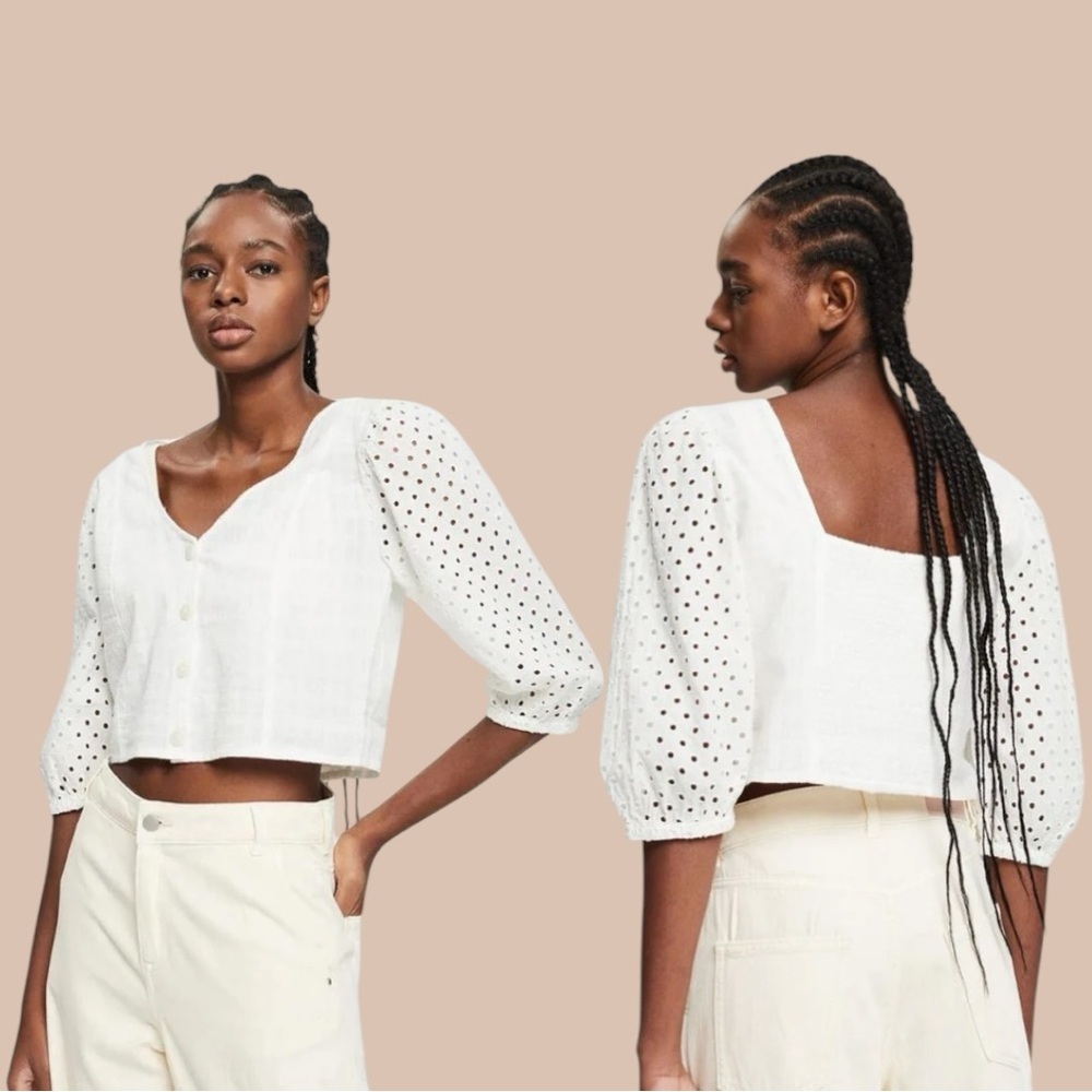 Esprit White Eyelet Cotton Crop Blouse XL NWT Cottagecore Boho